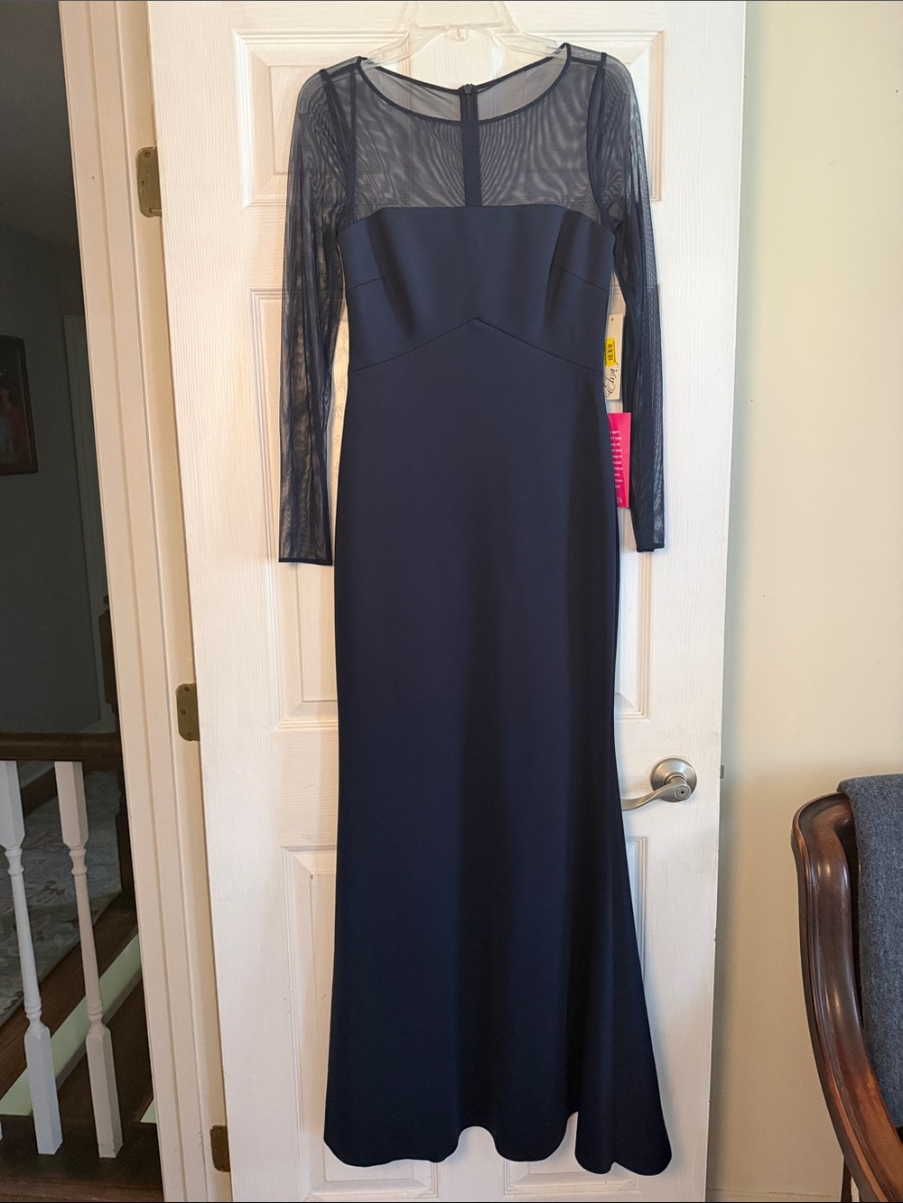 Eliza J Navy Long Sleeve Sheer Yoke Gown 4